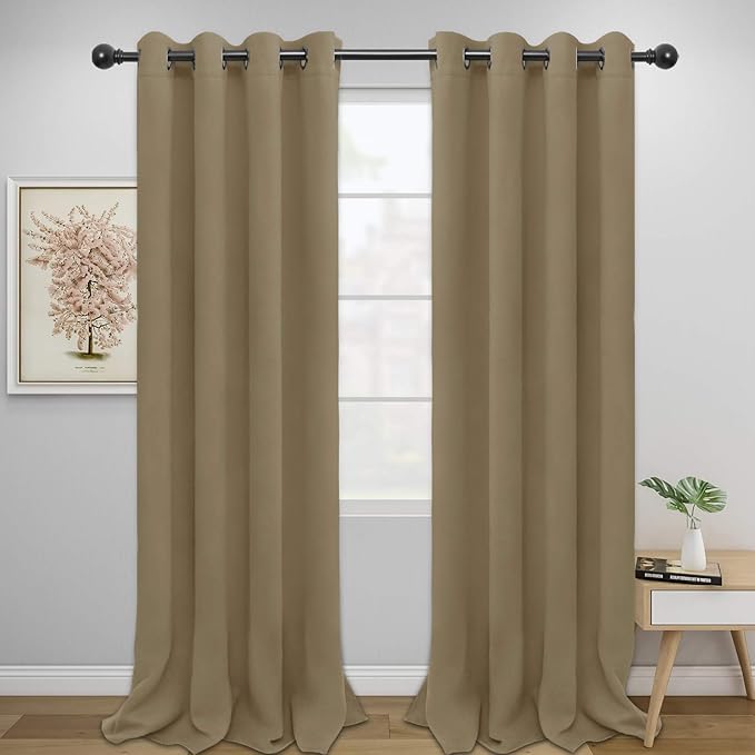 Easy-Going Blackout Curtains for Bedroom, Solid Thermal Insulated Grommet and Noise Reduction Window Drapes, Room Darkening Curtains for Living Room, 2 Panels (52x96 in,Tan)-Ruum Studio Home