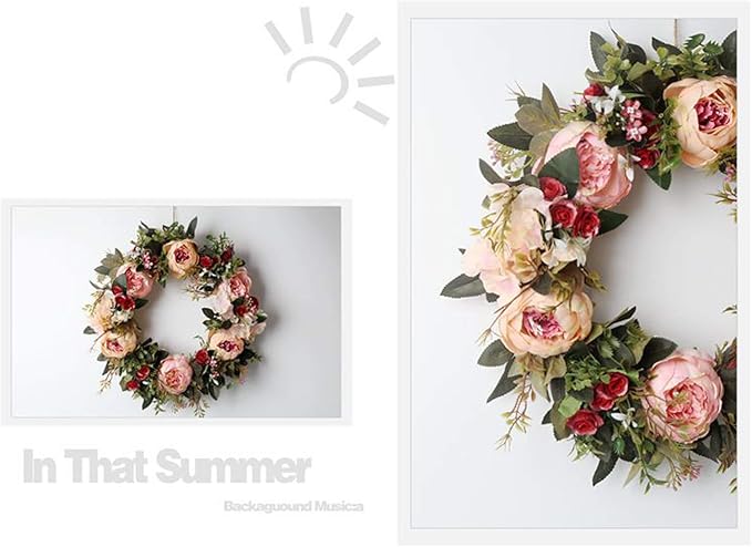 Peony Spring Wreath for Front Door, Handmade Pink Floral Wreath Artificial Spring Garland Wreath for Front Door Wall Wedding Party Home Deco-Ruum Studio Home