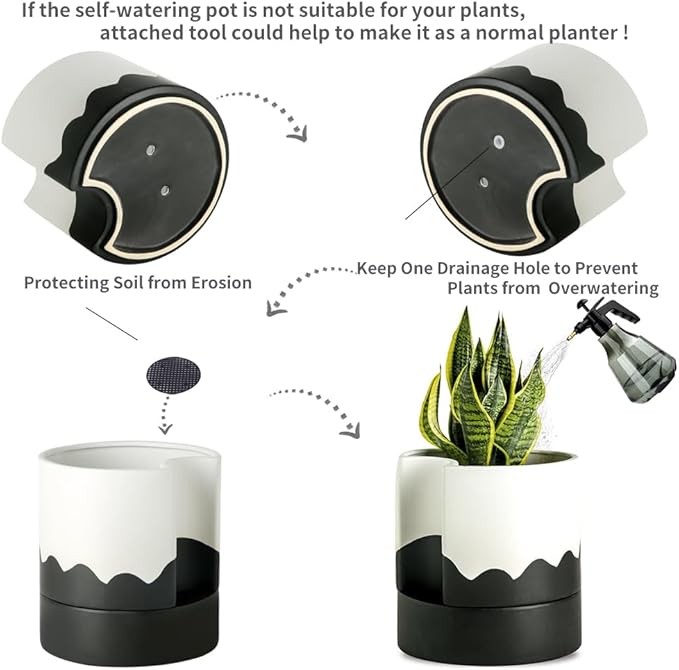 Nihow Self Watering Plant Pot: 8 Inch Ceramic Planter with Drainage Hole & Water Storage Plus for Indoor & Outdoor Plants - Cylinder Round Flower Pot for Succulent/Herbs/Violets - White & Wave Black-Ruum Studio Home