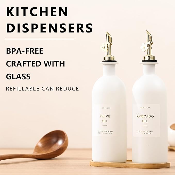 HOMCDALY Olive Oil Dispenser for Kitchen, 16oz Glass Oil Bottles with Bamboo Tray, Gold Oil&Vinegar Cruet Set, Kitchen Dispenser Bottles with Pourer | Set of 2 (16oz – Gold)-Ruum Studio Home