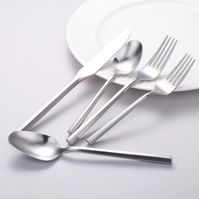 Matte Silverware Set Silver Flatware Set with Hexagon Handle 20 Pieces 18/0 Stainless Steel Cutlery Set Wedding Housewarming Gift Service for 4 (Matt silver)-Ruum Studio Home