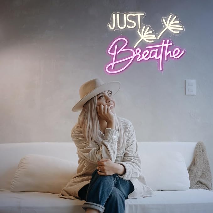 Just Breathe Neon Sign Dimmable Breathe Neon Signs Light Up Sign for Wall Decor LED Letters Neon Light by USB for Bedroom Yoga Studio Gym Reading Room(12.6 * 16.5In)-Ruum Studio Home