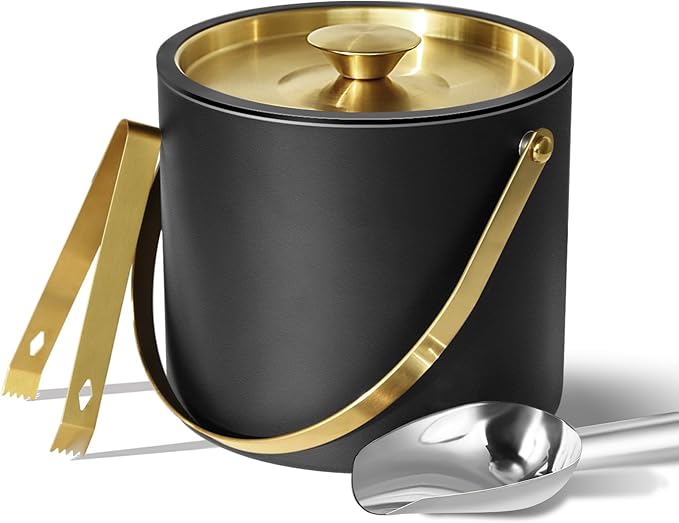 3L Ice Bucket with Silicone Lid, Scoop, Gold Tongs & Strainer, Stainless Steel Double Wall Insulated Ice Buckets for Parties & Cocktail Bar, Outdoor Champagne Ice Container Bin, Black-Ruum Studio Home