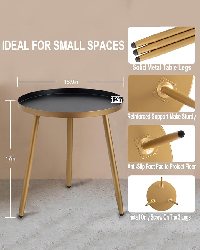AOJEZOR Side Table: End Table for Any Room - Round Side Tables for Small Spaces - Black Top with 3 Gold Legged-Ruum Studio Home