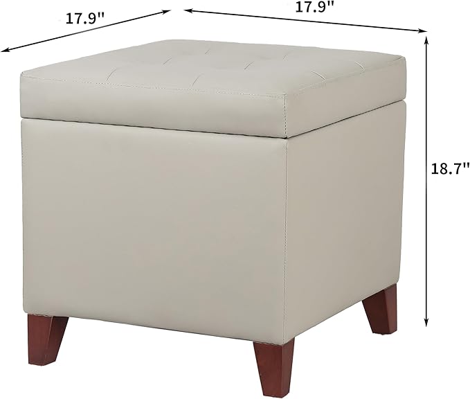 Adeco 18" PU Storage Ottoman, Upholstered Square Faux Leather Foot Rest - Flip Top Footstool with Sturdy Wood Legs, Small Cube Coffee Table Extra Seat for Living Room, Bedroom, Elephant Grey-Ruum Studio Home