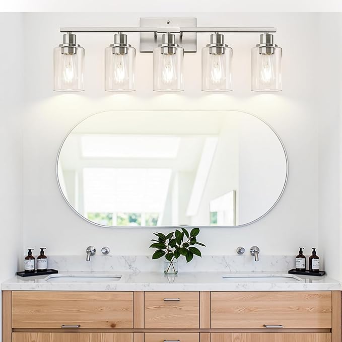 5-Light Bathroom Light Fixtures, Brushed Nickel Bathroom Vanity Light with Clear Glass Shades, Modern Bathroom Wall Lamp for Mirror Living Room Cabinet Bedroom Porch-Ruum Studio Home