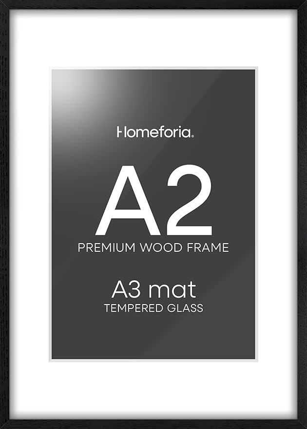 Homeforia A2 Black Wood Frame, High End Oak 16.5 x 23.4 Black Wooden Poster Frames Matted to 11.7 by 16.5 in Photo, A2 Size Wood Picture Frame with Mat A3 for Print, Tempered Glass, Wall Kit, Set of 1-Ruum Studio Home