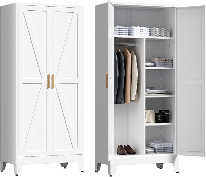 71'' Farmhouse Metal Wardrobe Cabinet with Hanging Rod, 2 Barn Door Wardrobe Closet with 5 Adjustable Shelves,Drawer,for Dining Room,Bedroom,Living Room, Cloak Room,Office (White)-Ruum Studio Home