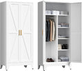 71'' Farmhouse Metal Wardrobe Cabinet with Hanging Rod, 2 Barn Door Wardrobe Closet with 5 Adjustable Shelves,Drawer,for Dining Room,Bedroom,Living Room, Cloak Room,Office (White)-Ruum Studio Home