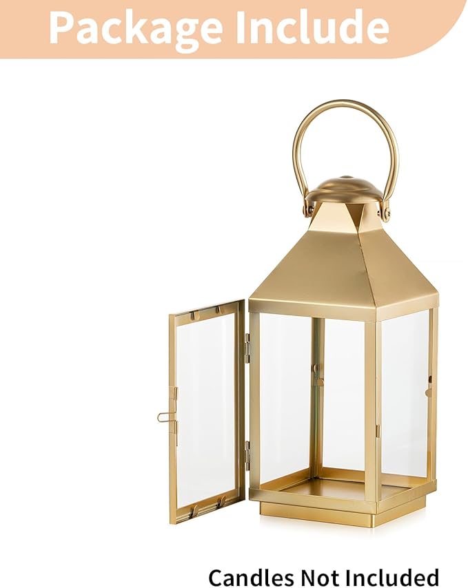NUPTIO Gold Lanterns Decorative for Wedding: 11.3 Inch Tall Metal Lantern Decor with Glass - Outdoor Candle Holder for Table Centerpiece Dining Room Mantel Patio-Ruum Studio Home