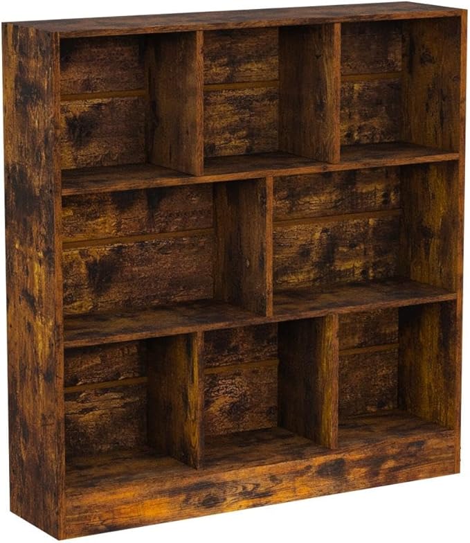LEYAOYAO 8 Cube Bookshelf with Base,3 Tier Mid-Century Modern Brown Bookcase,Standing Wide Bookshelves Storage Organizer Shelf,Rustic Wood Display Cabinet Book Shelves for Bedroom,Living Room,Office-Ruum Studio Home