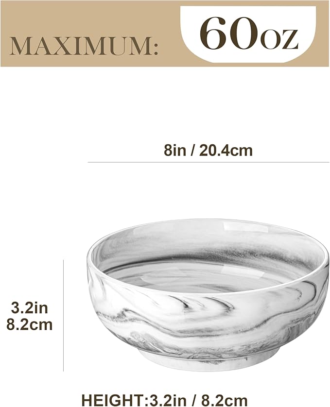 MALACASA Large Serving Bowls, 60 OZ (8'') Salad Bowls Set of 2, Ceramic Mixing Bowls for Kitchen, Serving Bowl for Soup, Pasta, Side Dishes and Entertaining, Marble Grey, Series REGULAR-Ruum Studio Home