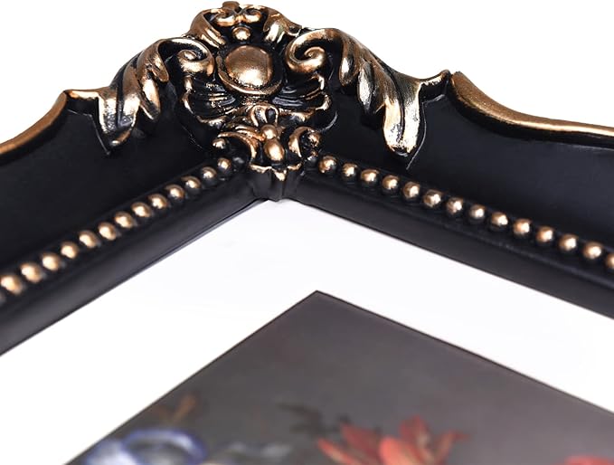 8x10 Vintage Picture Frame with Embossed Flower Design, Black Ornate Frame for 8x10 or 5x7 Pictures with White Mat, Hand-Crafted Resin Antique Frames for Tabletop & Wall Hanging, Home Decor (Black)-Ruum Studio Home