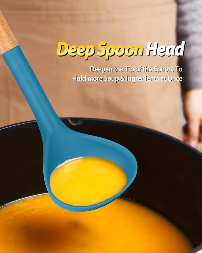 Silicone Pasta Fork and Ladle Spoon Set with Wooden Handle, Heat Resistant Non Stick Kitchen Utensils for Cooking, Stirring, Serving Spaghetti, Soup, Sauce(BLUE)-Ruum Studio Home