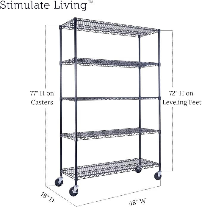 48"x18"x72" PRIME HEAVY DUTY Black 5-Tier Wire Shelving NSF 4000 LBS MAX Capacity Storage Rack for Commercial, School, Home, Garage, Warehouse, Industrial, and Hospital Uses (with Wheels)-Ruum Studio Home