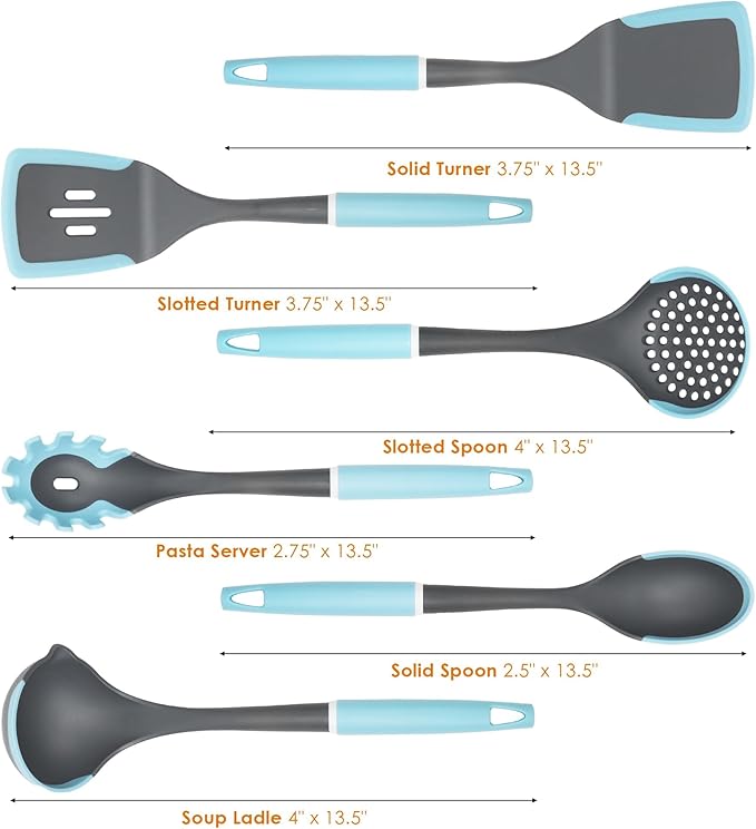 Kitchen Cooking Utensils Set, Non-Stick Spatula Set with Rotating Stand, 6 PCS Silicone Utensils Set for Cooking, 400°F Heat Resistant, Kitchen Gadgets with Nylon Handle & Stable Holder, Grey Blue-Ruum Studio Home