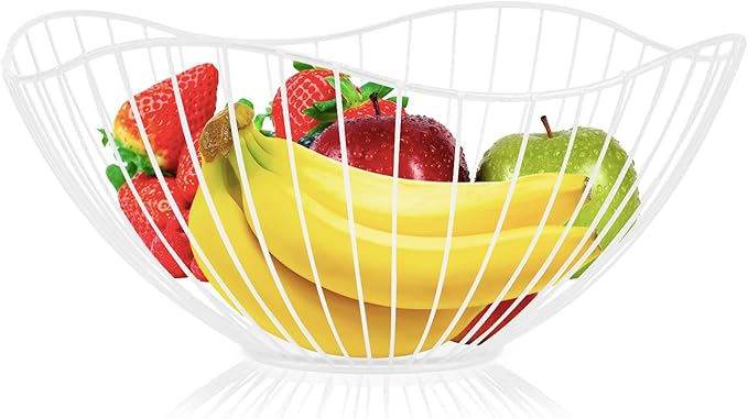 Metal Wire Fruit Basket, White Fruit Bowl for Kitchen Counter, Fruit Holder Stand Storage Baskets for Countertop, Home Decor, Table Centerpieces, Vegetable Bowls for Fruits, Veggies, Snacks (White)-Ruum Studio Home