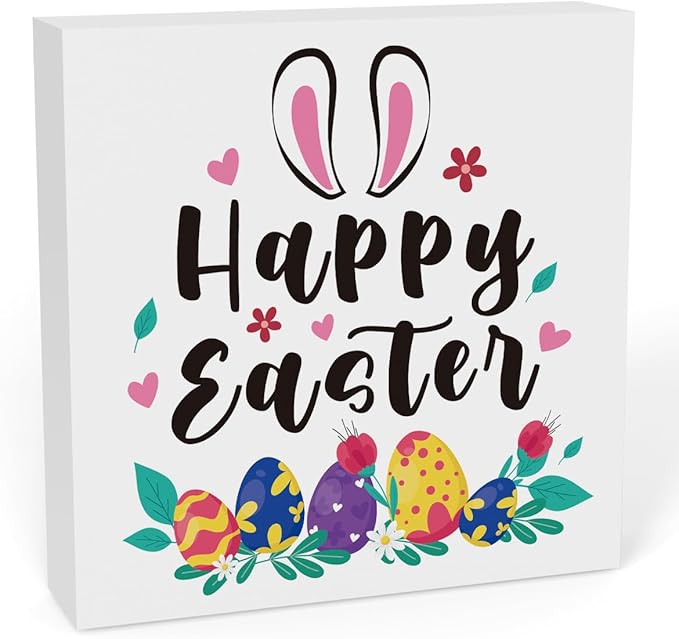 Rustic Farmhouse Bunny Easter Decorations Country Home Office Desk Decor Happy Easter Sign Cubicle Shelf Tabletop Tiered Tray Decor Gifts for Women 5 X 5 Inch-Ruum Studio Home