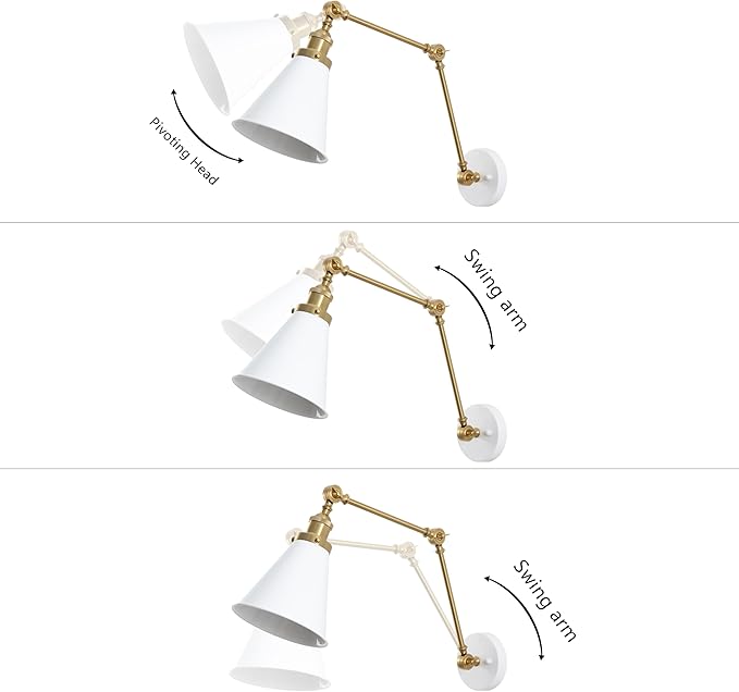 JONATHAN Y JYL7462B-SET2 Rover 7" Classic Industrial Metal Adjustable Arm LED Wall Sconce, White/Brass Gold (Set of 2) for Bedroom, Bathroom, Vanity-Ruum Studio Home