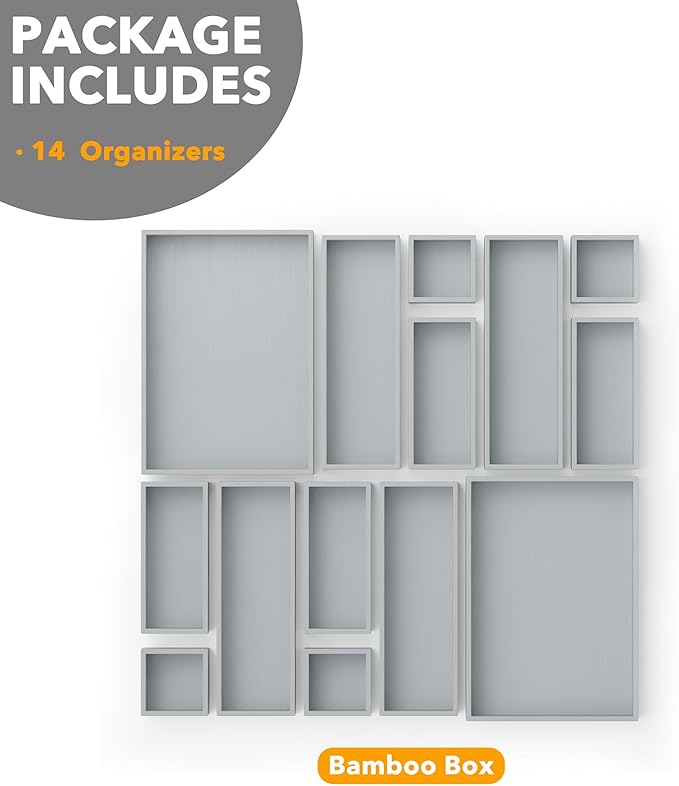 SpaceAid 14-Piece Bamboo Drawer Organizer Storage Boxes Set, Wood Tray Junk Drawer Organizers Multi-Use Divider Bins for Kitchen, Bathroom, Office Desk and Makeup Organization (14 Pack, Gray)-Ruum Studio Home