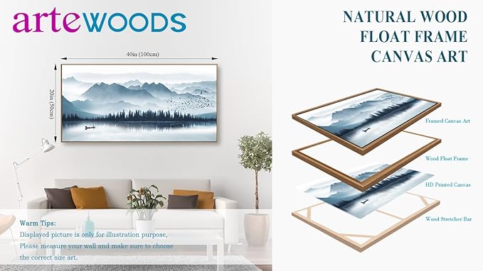 Indigo Framed Canvas Wall Art Misty Mountain Wall Pictures Foggy Lake Boat Canvas Painting Prints Forest Birds Canvas Wall Decor for Living Room Bedroom Decorations Framed 20" x 40" Natural-Ruum Studio Home