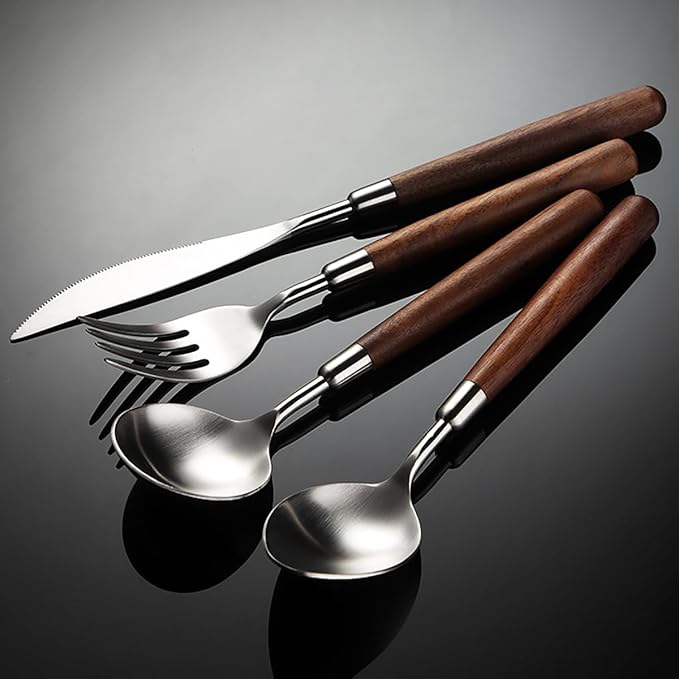 Flatware Set Wood Silverware Set for 12, Cutlery 18/8 Stainless Steel Home Kitchen Utensils Include Knifes Forks and Spoons Tableware Set Durable Dishwasher Safe 48 Piece-Ruum Studio Home