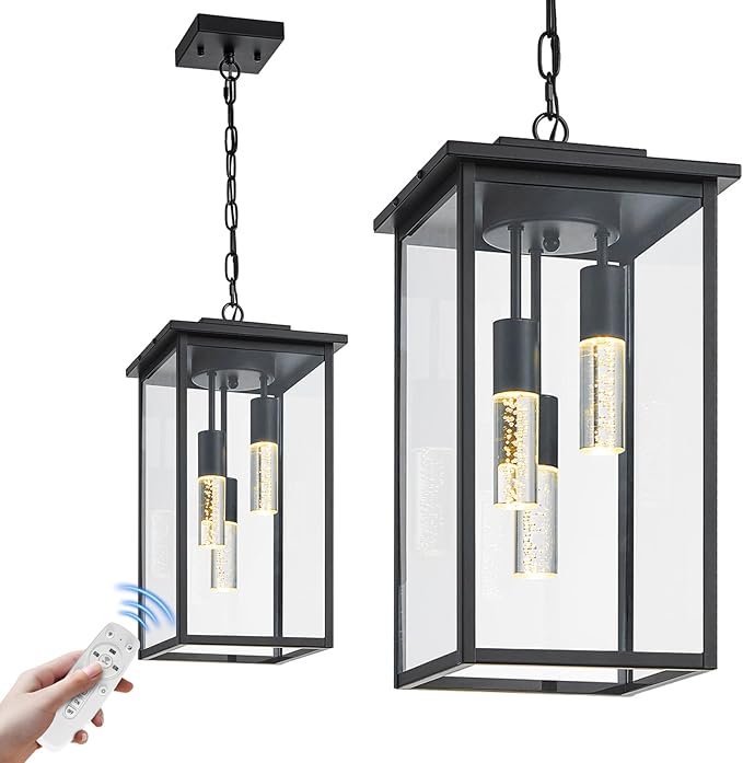 3-Color LED Outdoor Pendant Light with Remote, 3-Light 19" Large Outdoor Chandelier for Porch, Black Exterior Pendant Lighting Fixture Ceiling Mount Pendant Lantern for Patio Front Door-Ruum Studio Home