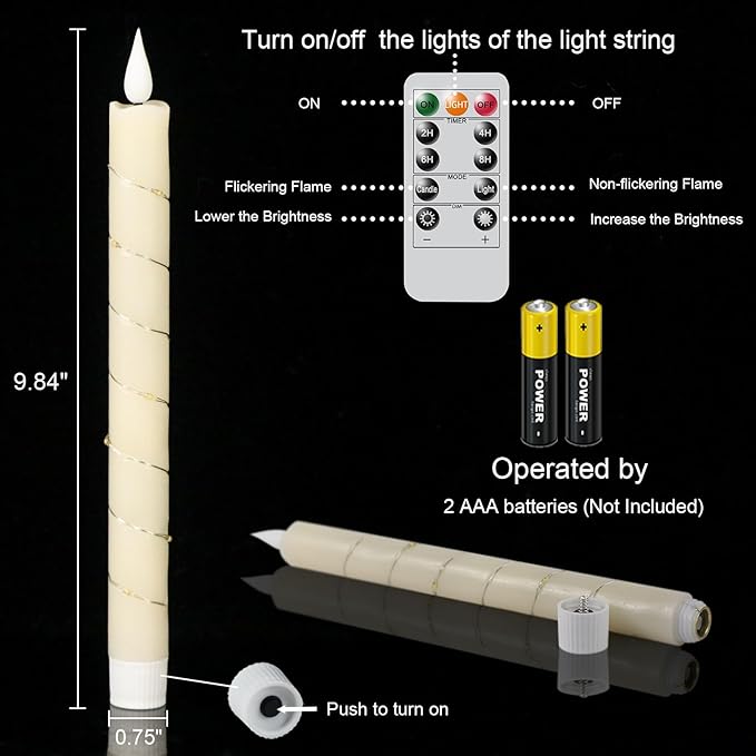 GenSwin Flameless Taper Candles with Remote and String Lights, Ivory Real Wax Taper Candles Battery Operated, LED Flameless Battery Candlesticks for Home Holiday Decor(Set of 6)-Ruum Studio Home