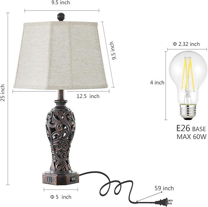 Set of 2 Farmhouse Table Lamps for Living Room, Rustic Vintage Nightstand Lamp with 2 USB Port, Bronze Resin Lamps for Bedroom End Table with Hollow Out Nightlight, 2 Bulbs Included-Ruum Studio Home