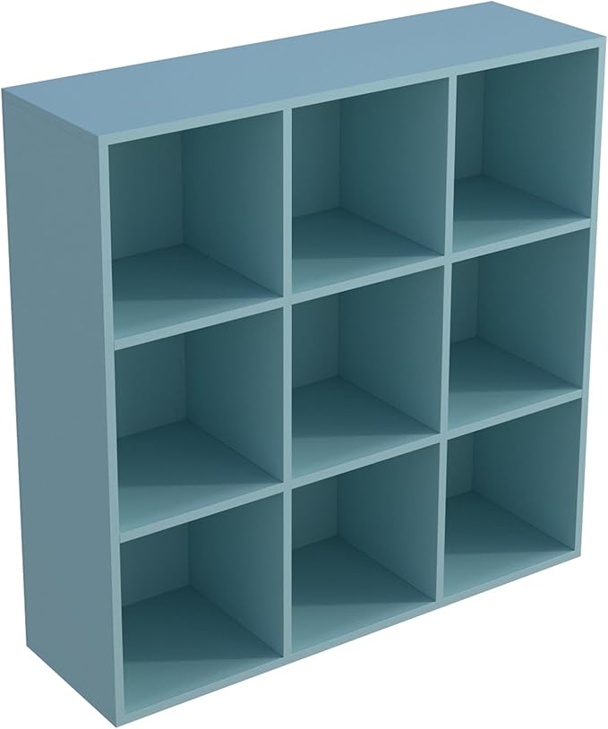 9-Cube Storage Shelf Bookcase - Wooden 3-Tier Floor Standing Open Bookshelf for Home and Office, Display Cabinet, Light Blue-Ruum Studio Home