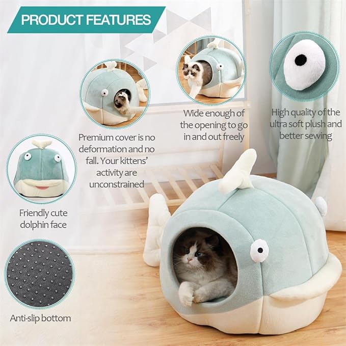 Lcybem Cat Beds for Indoor Cats - Cat Bed Cave with Removable Washable Cushioned Pillow, Calming Cozy Soft Cat Cave, Cute Friendly Dolphin Cat Houses for Indoor Cats No Deformation Pet Bed, L-Ruum Studio Home