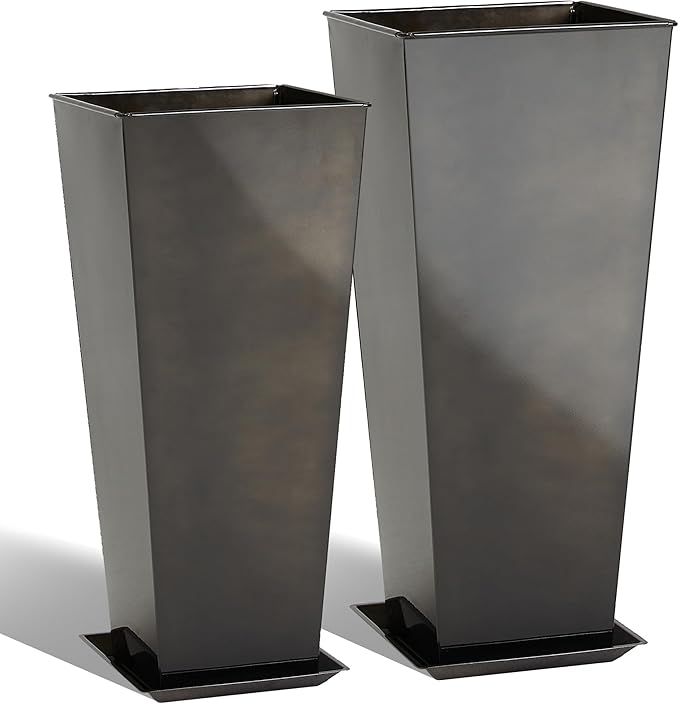 KOL 25'' & 28'' Tall Glazed Planter with Saucer, Set of 2, Galvanized Steel Planter Metal Pots for Indoor & Outdoor Use, Decorative Flower Plant Pots with Drainage Hole for Porch, Patio, Deck - Black-Ruum Studio Home