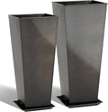 KOL 25'' & 28'' Tall Glazed Planter with Saucer, Set of 2, Galvanized Steel Planter Metal Pots for Indoor & Outdoor Use, Decorative Flower Plant Pots with Drainage Hole for Porch, Patio, Deck - Black-Ruum Studio Home