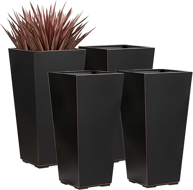 26 Inch Planter Tall Tapered Planter for Front Porch, Patio, Deck, Garden Indoor/Outdoor Tree Planters, Set of 4, Black with Copper Hand Brushed Rim-Ruum Studio Home