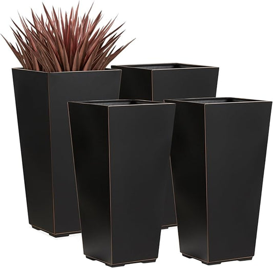 26 Inch Planter Tall Tapered Planter for Front Porch, Patio, Deck, Garden Indoor/Outdoor Tree Planters, Set of 4, Black with Copper Hand Brushed Rim-Ruum Studio Home
