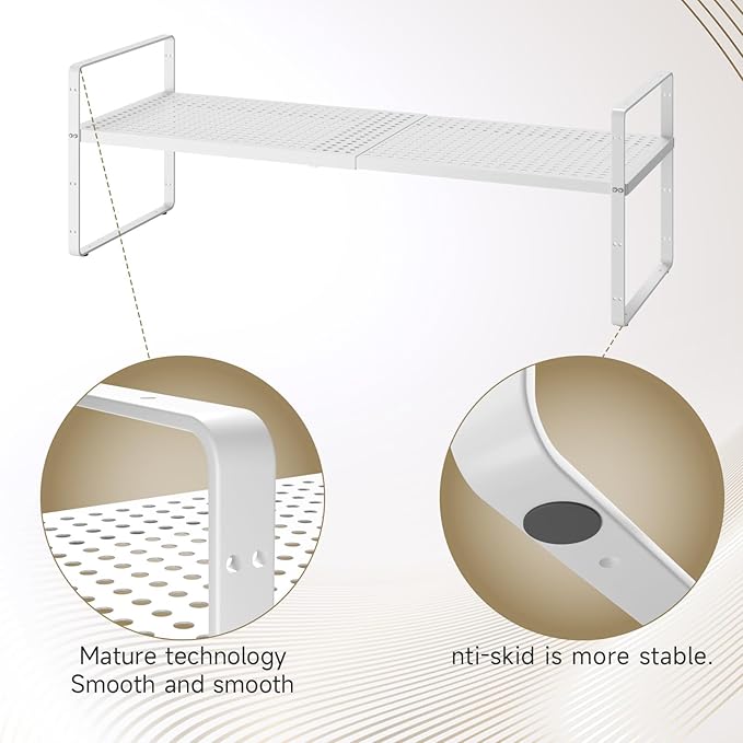 Hole Pattern Expandable Shelf Organizer,1Pack 10.2" Wide Easy to Assemble Cabinet Organizer Shelf, 16.5~27.1" Adjustable Height&Stackable Spice Organization for Cupboard, White-Ruum Studio Home