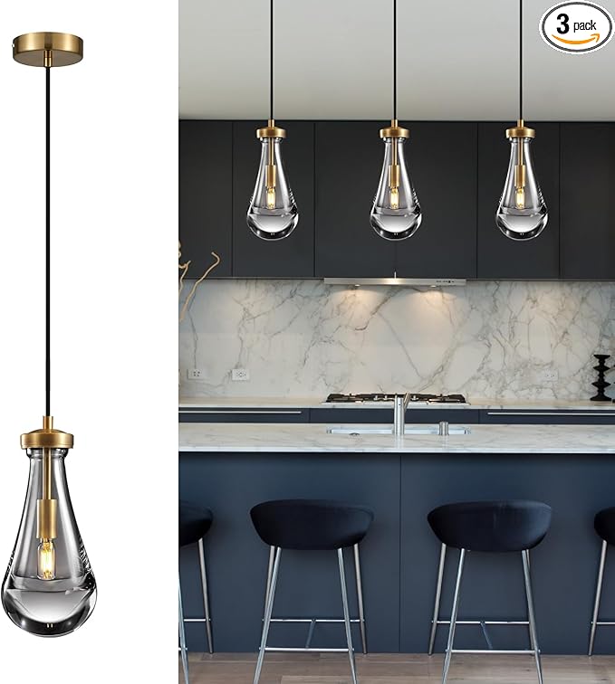 Raindrop Pendant Light Fixtures Set of 3, Brass Glass Pendant Lighting, Teardrops Modern Hanging Light for Entryway Foyer Kitchen Island Dining Living Room Hallway-Ruum Studio Home