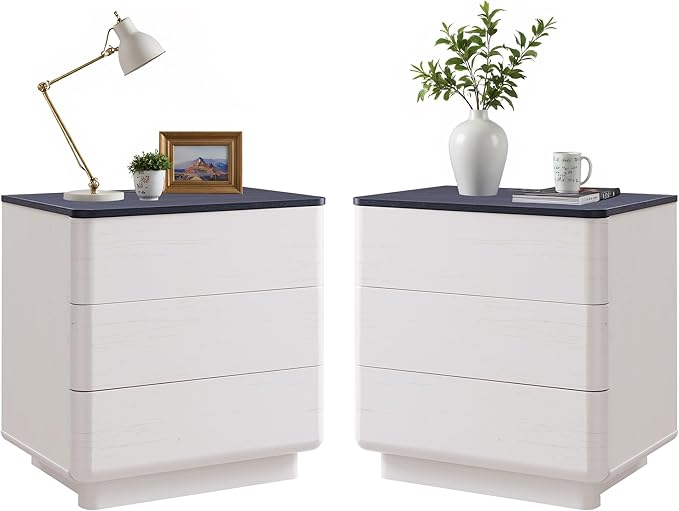 JXQTLINGMU 22" Modern Nightstand Set of 2 with Charging Station, Large Push-to-Open End Table, Wood Bedside Table, Curved Profile, Handleless 3 Drawer Night Stand for Bedroom, Living Room, Off White-Ruum Studio Home