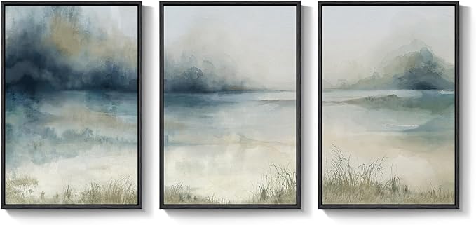 Large Framed Abstract Nature Landscape Wall Art for Living Room, 3 Piece Modern Canvas Prints Paintings Artwork for Walls, Blue Watercolor Lake Mountain Pictures for Hallway Office Wall Decor 24x36 In-Ruum Studio Home