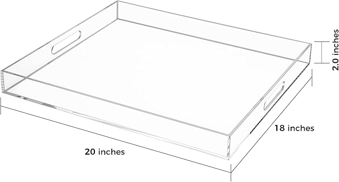 Clear Rectangular 18x20 Inches Acrylic Ottoman Tray Decorative Serving Tray with Cutout Handles Organizer Tray on Coffee Table Countertop Big Breakfast Bed Tray Living Room Appetizer Serving Food-Ruum Studio Home