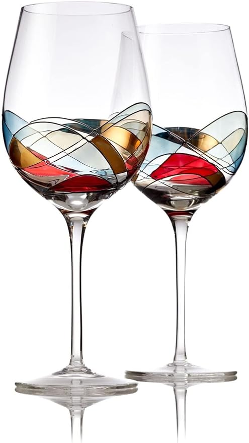 Bezrat Wine Glasses Hand Painted - Set of 2 - Women Wine Gift - Wine Lover Glass - Beautiful Glassware Gifts Ideas for Women Inspired by 'Duomo di Milano' Mothers Day - 12 oz (Red)-Ruum Studio Home