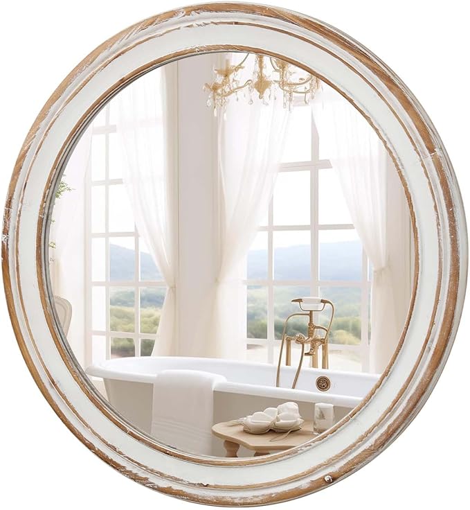 Round Bathroom Mirror for Vanity-Distressed Wood Circle Mirror, Farmhouse Entryway Mirror and Decorative Wall Mirrors for Living Room-Ruum Studio Home