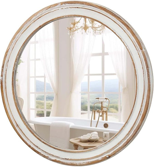 Round Bathroom Mirror for Vanity-Distressed Wood Circle Mirror, Farmhouse Entryway Mirror and Decorative Wall Mirrors for Living Room-Ruum Studio Home