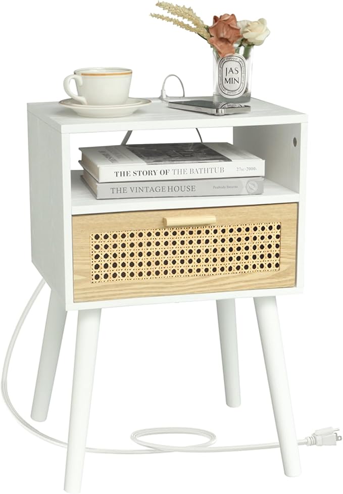 MaxSmeo Nightstand with Charging Station, Bedside Tables with Rattan Drawer, Mid Century Modern Nightstand, End Table for Living Room, Bedroom and Small Spaces, Easy Assembly (White)-Ruum Studio Home