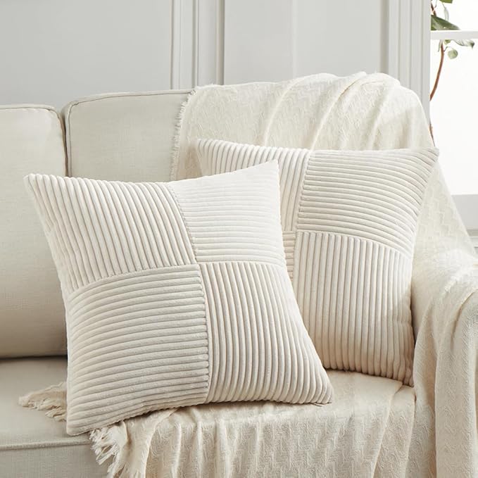Fancy Homi 2 Packs Boho Cream Decorative Throw Pillow Covers 18x18 Inch for Living Room Couch Bed Sofa, Rustic Farmhouse Home Decor, Soft Corss Corduroy Patchwork Textured Square Cushion Case 45x45 cm-Ruum Studio Home