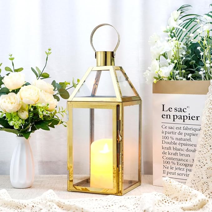 JHY Design Gold Decorative Lanterns 16" H Stainless Steel Candle Lanterns with Tempered Glass for Indoor Outdoor Events Parities and Weddings-Ruum Studio Home