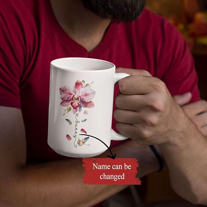 Novelty Coffee Cup With Orchid Design, Personalized Name Flower Accent Mug, Custom Orchid Flower Ceramic Cup 11oz 15oz, Customized Flower Lover Mug, Gift For Family Member-Ruum Studio Home