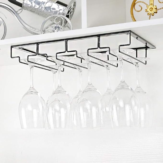 Wine Glass Rack Under Cabinet - Stemware Holder Metal Wine Glass Organizer Glasses Storage Hanger for Bar Kitchen Black 4 Rows-Ruum Studio Home