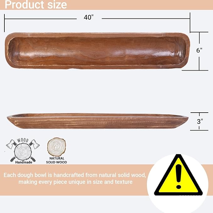 Athaliah Wooden Dough Bowl, Hand Carved Rustic Long Wood Dough Bowls for Decor, Vintage Large Wooden Bread Bowl for Table Centerpiece Dining Room Home Kitchen Decor Candles (40 Inch-Brown)-Ruum Studio Home