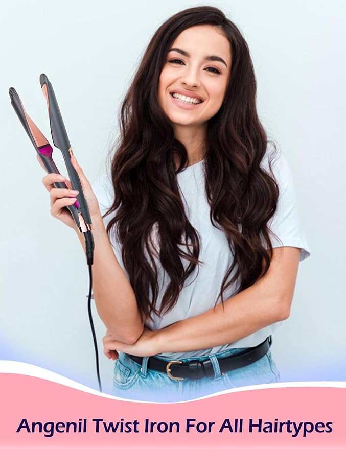 ANGENIL Pro Twist Ceramic Flat Iron 1 Inch, Dual Voltage Hair Straightener and Curler 2 in 1, Multi-Stylers Round Flat Iron Hair Curling Iron, Fast Heating LCD Display, 11 Adjustable Temp (250℉-450 ℉)-Ruum Studio Home
